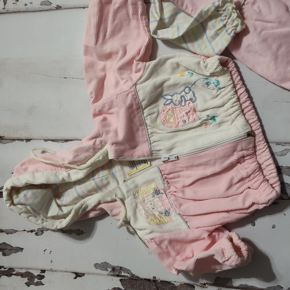 Vintage 80s Corduroy 3 piece Set Bunny Jacket Overalls - Picture 3 of 9